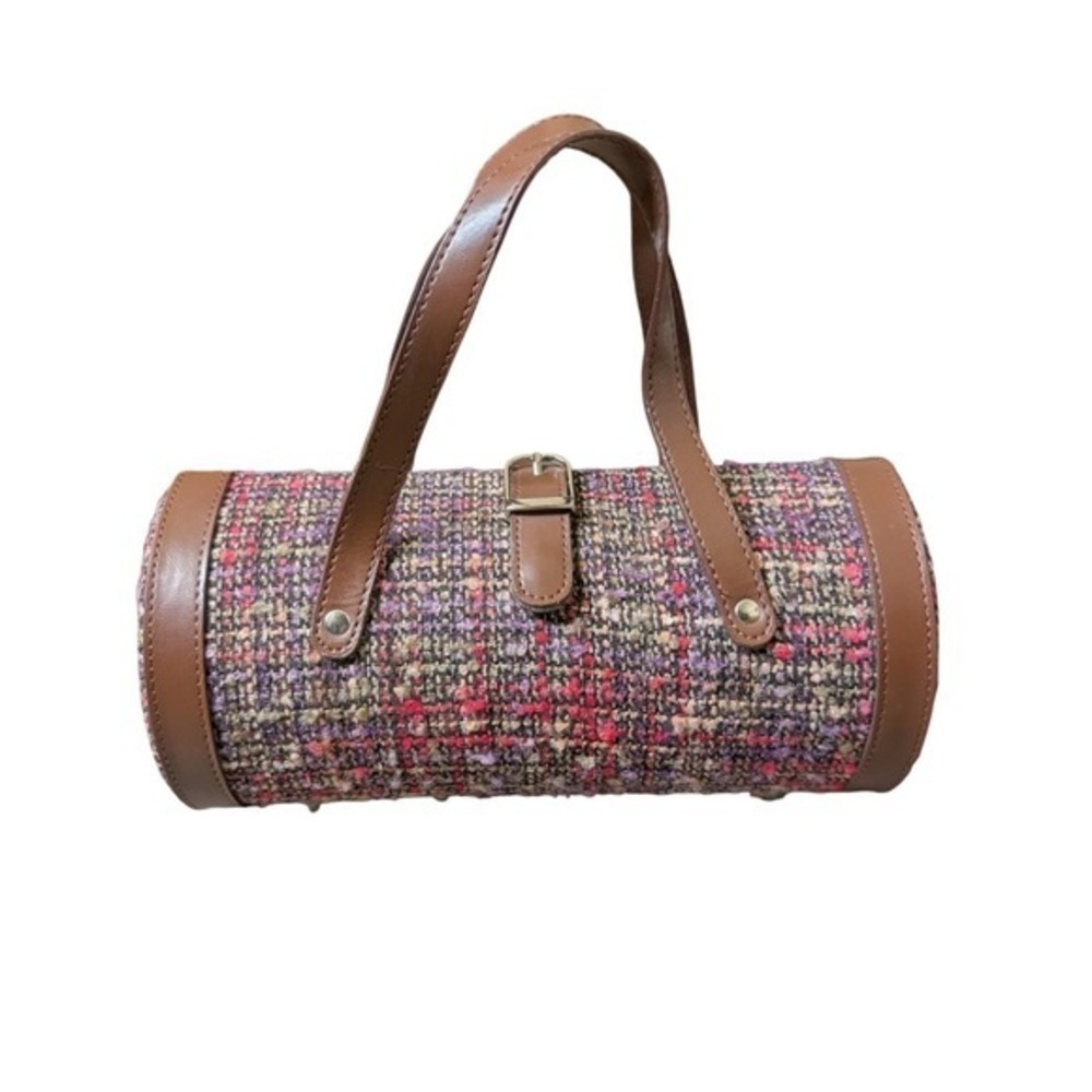 Vintage Y2K Twee Retro Chic Colorful Tweed Barrel Brown Leather Shoulder Bag